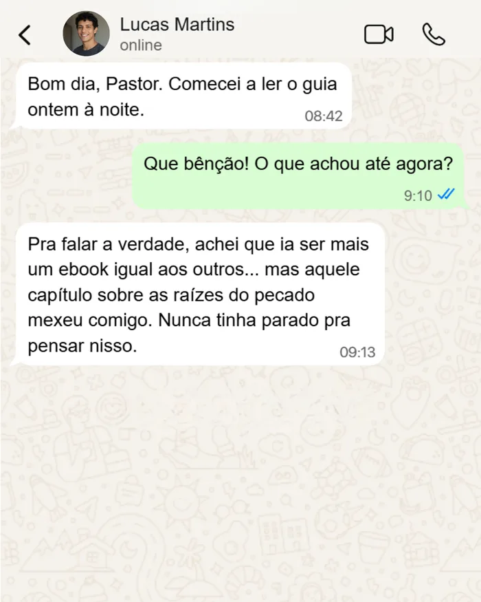 Depoimento de Lucas Martins: Pra falar a verdade, achei que ia ser mais um ebook igual aos outros... mas aquele capítulo sobre as raízes do pecado mexeu comigo. Nunca tinha parado pra pensar nisso.